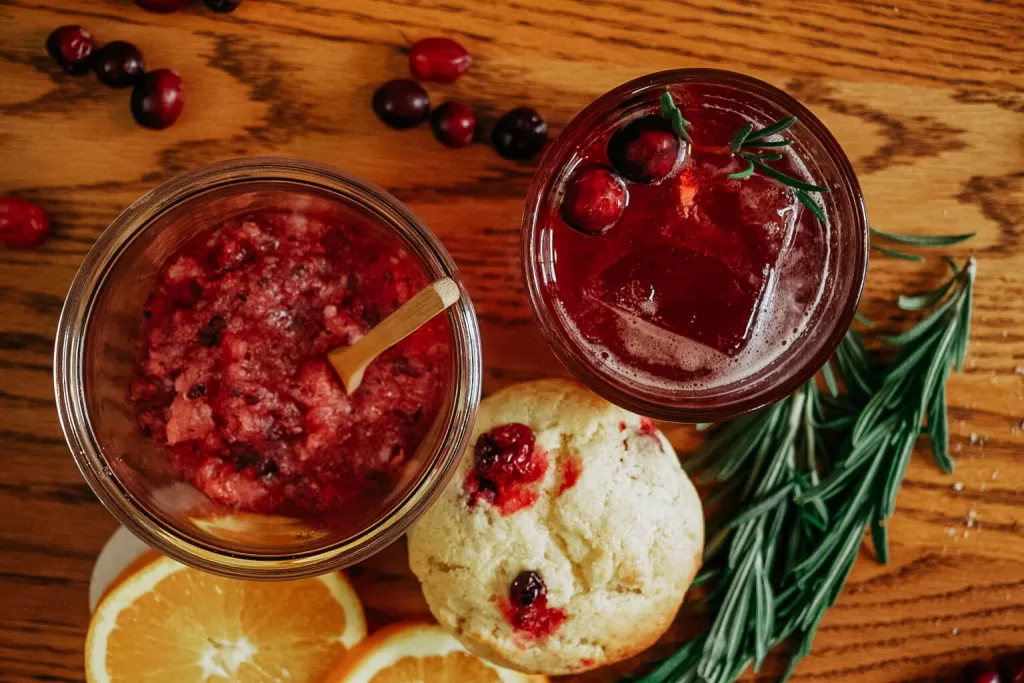 cranberry sugar scrub, muffins, and cocktail