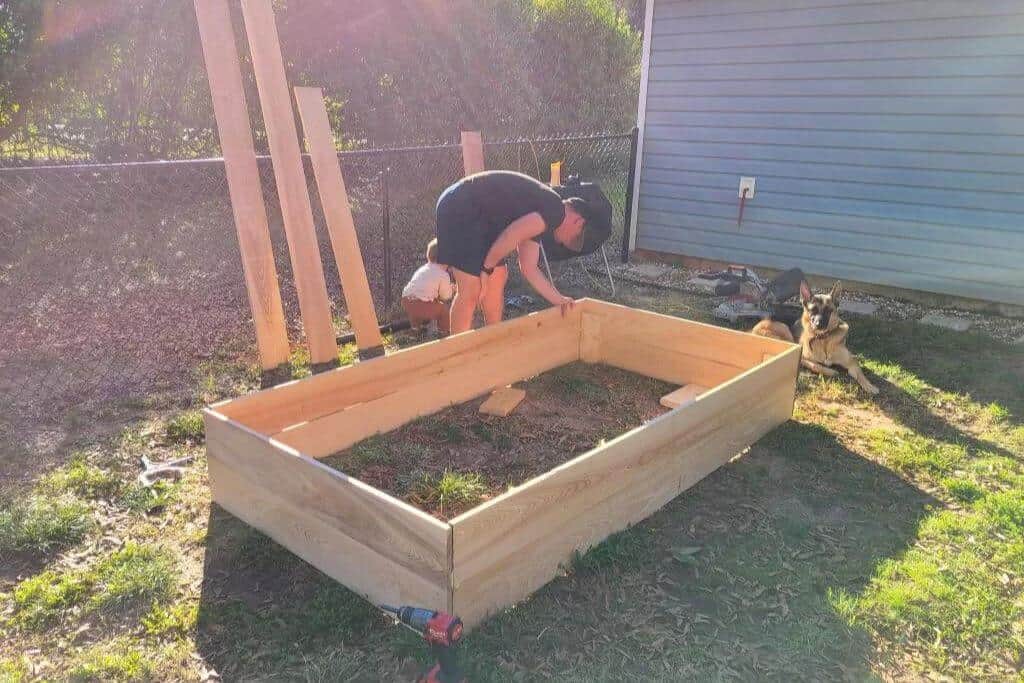 man using tools to build garden bed