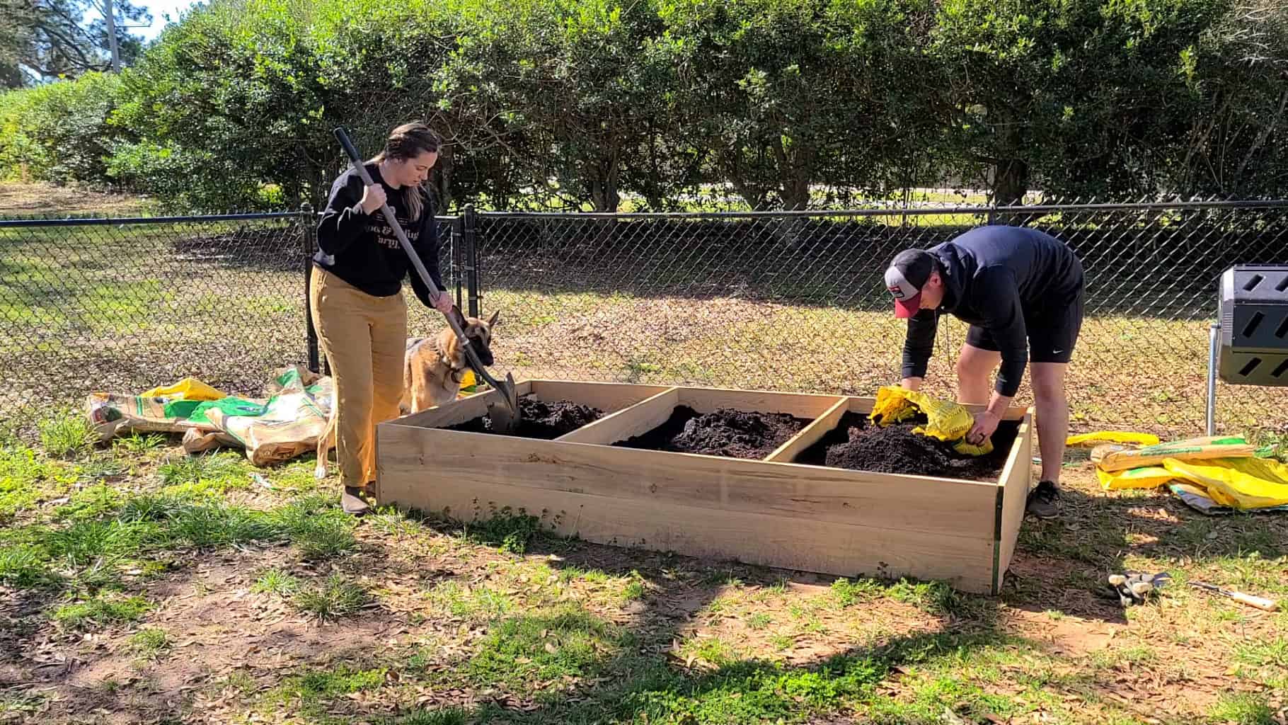 filling raised bed with soil