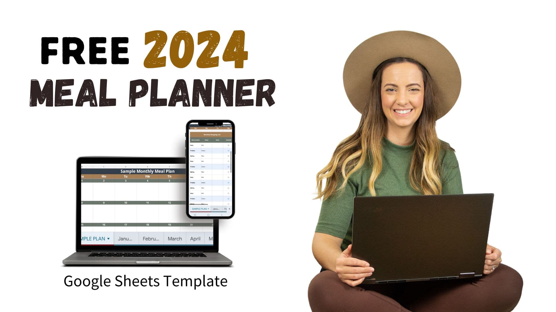 girl holding laptop with text "free 2024 meal planner"