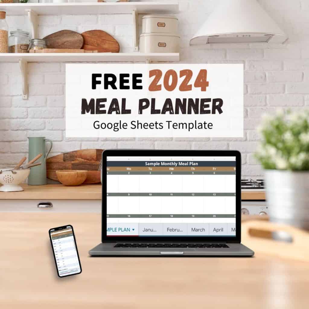google sheets template meal planner on laptop on kitchen counter