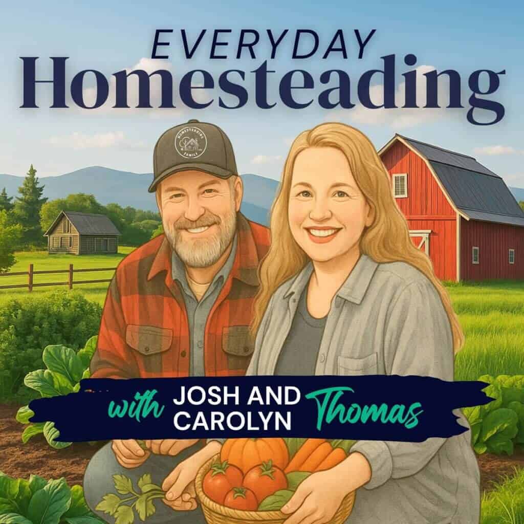 everyday homesteading podcast cover with cartoon art of josh and carolyn in front of a barn