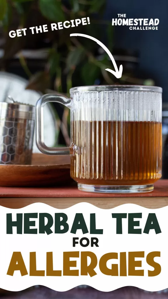 herbal tea for allergies pin with mug of tea on book