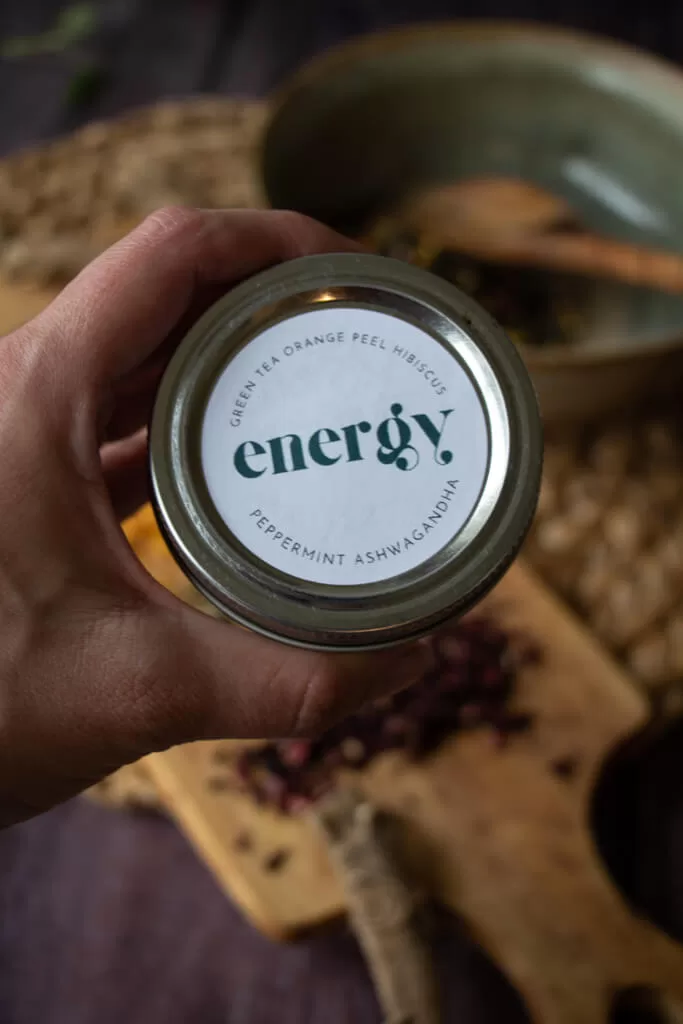 energy tea label on top of mason jar