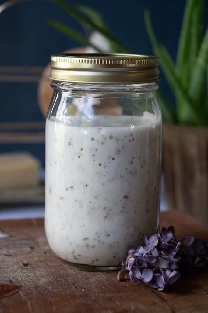 Lilac Aloe Soap- white soap with lilac flecks in mason jar