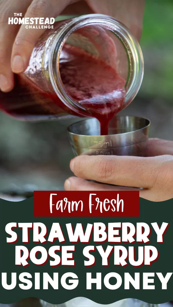 Strawberry Rose Honey Syrup Pinterest pin with photo of person pouring syrup into shot glass