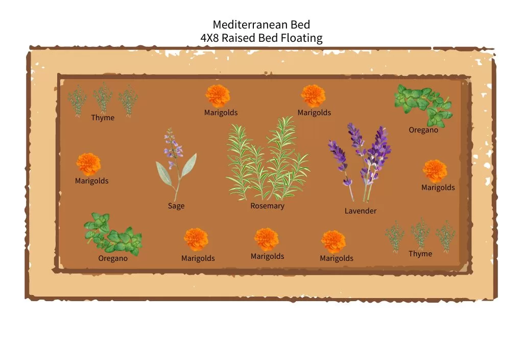 floating raised bed layout- tall plants in the middle, shorter plants in the four corners, flowers mixed throughout