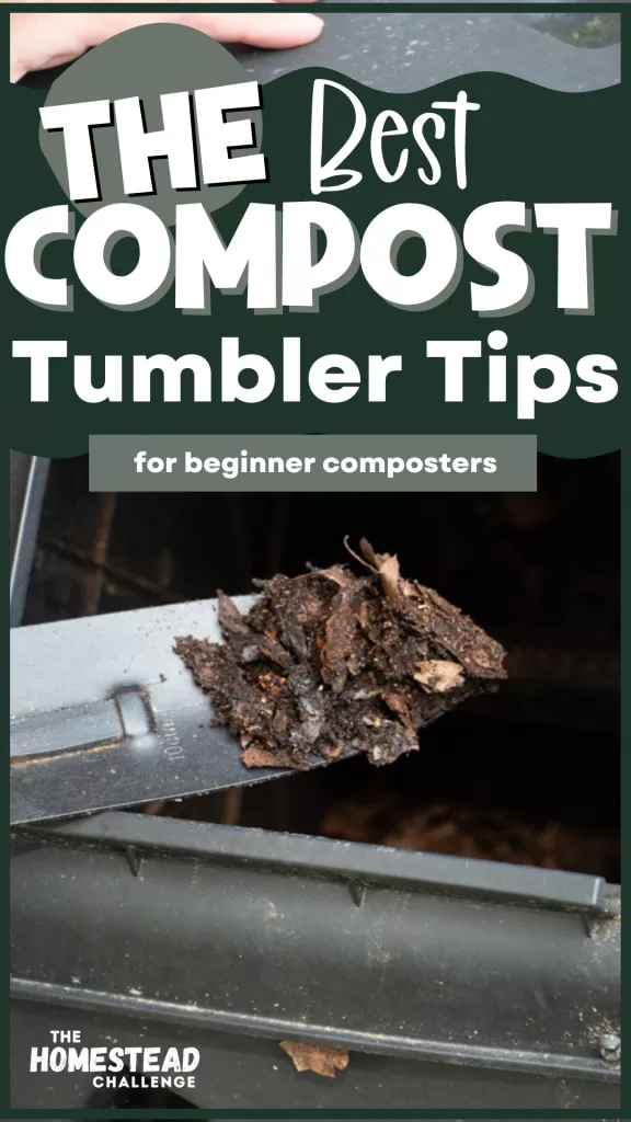 Test: The best compost tumbler tips for beginner composters. Image: a garden shovel scooping compost out of tumbler