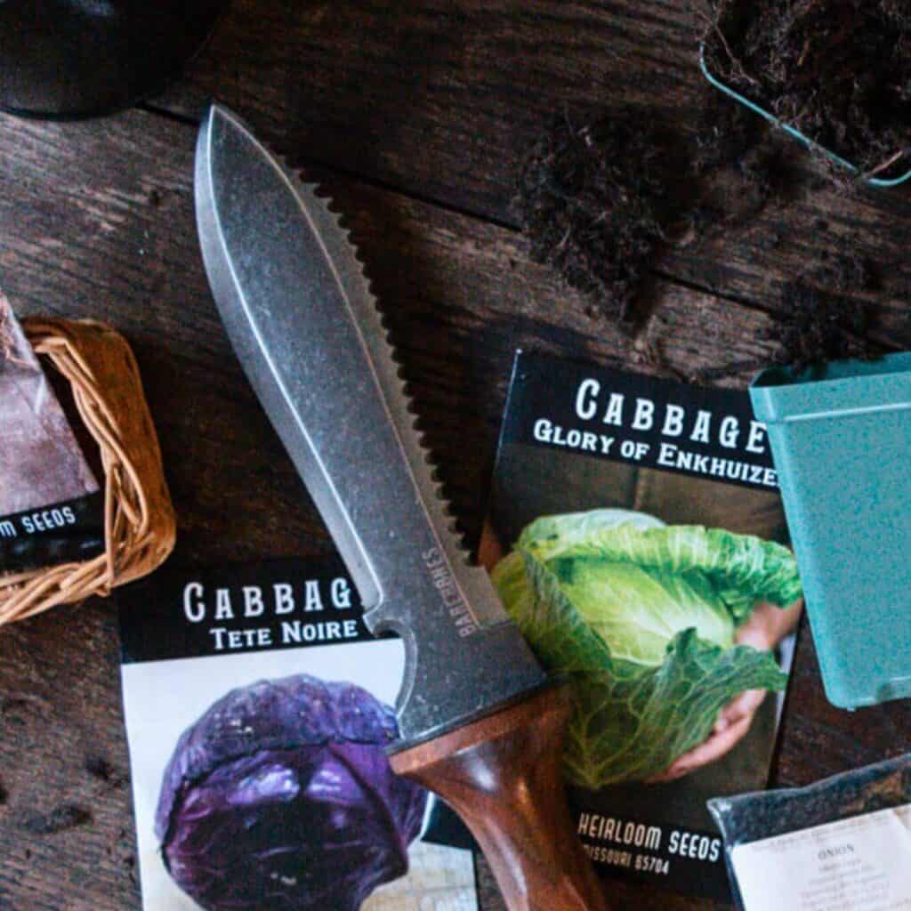 hori hori knife and cabbage seed packets