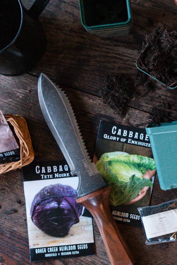 hori hori knife and cabbage seed packets