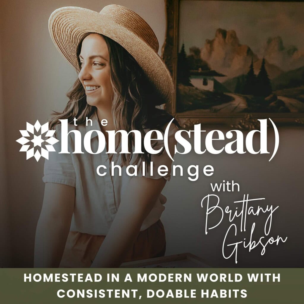 Podcast art: photo of Brittany with text overlay. The homestead challenge with Brittany Gibson. Homestead in a modern world with consistent, doable habits