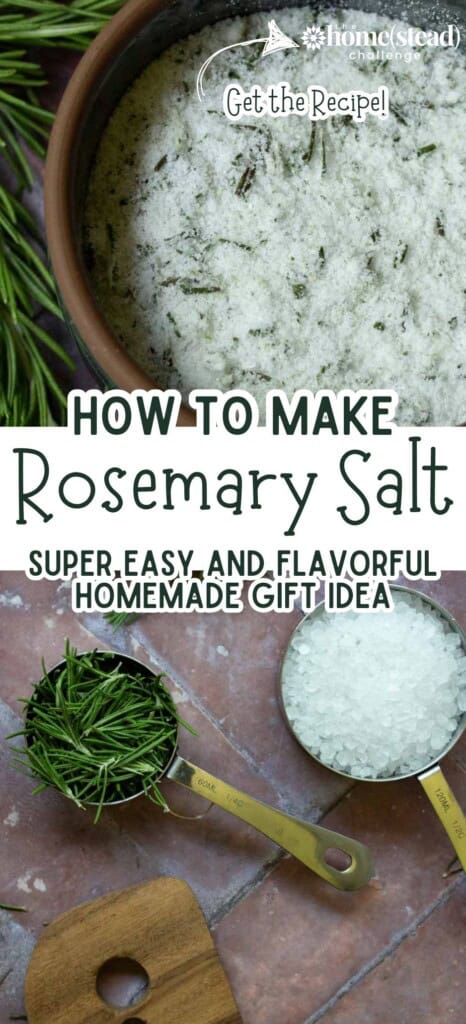 An overhead view of dried rosemary sprigs and coarse salt in measuring cups alongside a bowl of mixed rosemary salt, with text indicating a recipe for a homemade herbal gift idea.