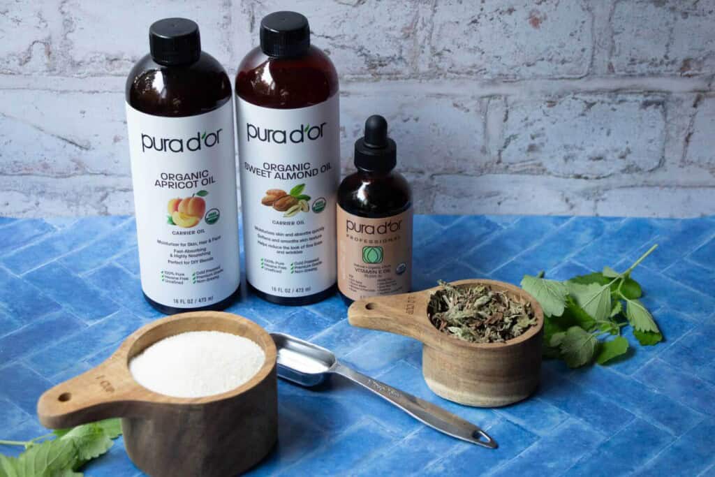 bottles of pur ador brand oils and measured ingredients