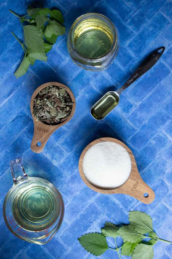 apricot oil, sweet almond oil, vitamin e oil, lemon balm, and sugar measured out on a blue tile surface