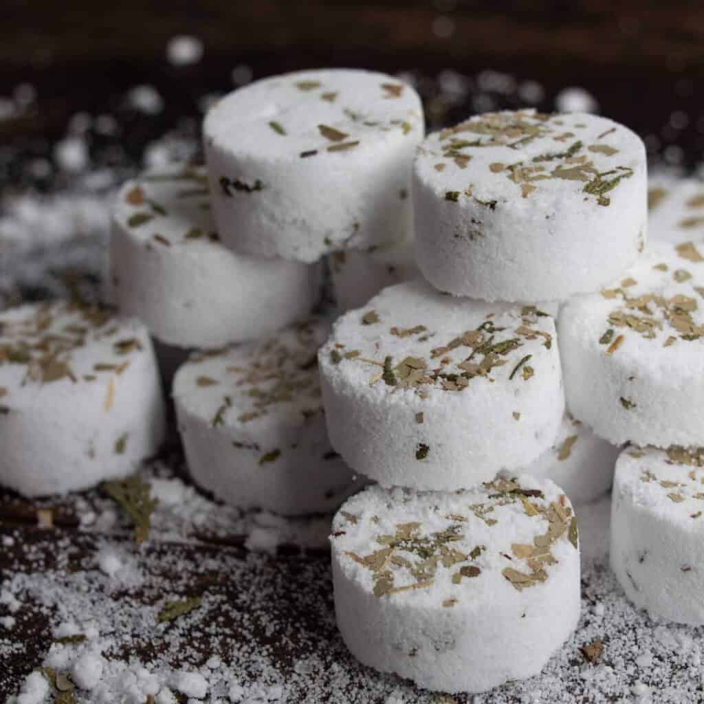 close up of white herbal shower steamers