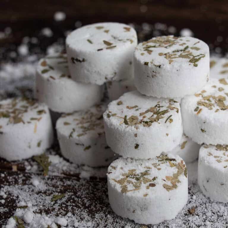 close up of white herbal shower steamers