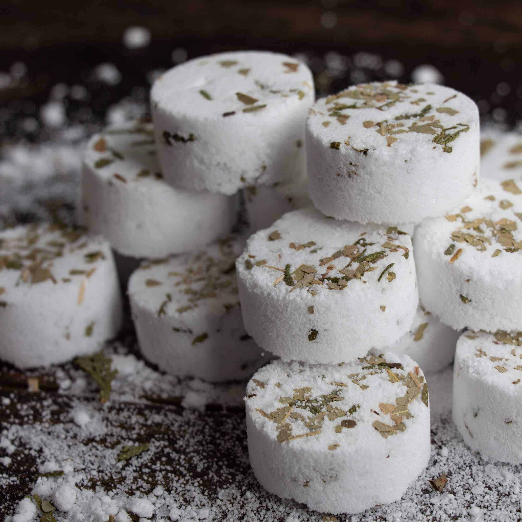 close up of white herbal shower steamers